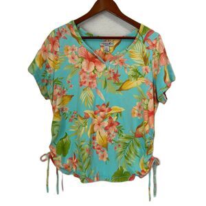 Caribbean Joe Blouse Women 1X Teal Multicolored Floral Rouching Tie Tropical